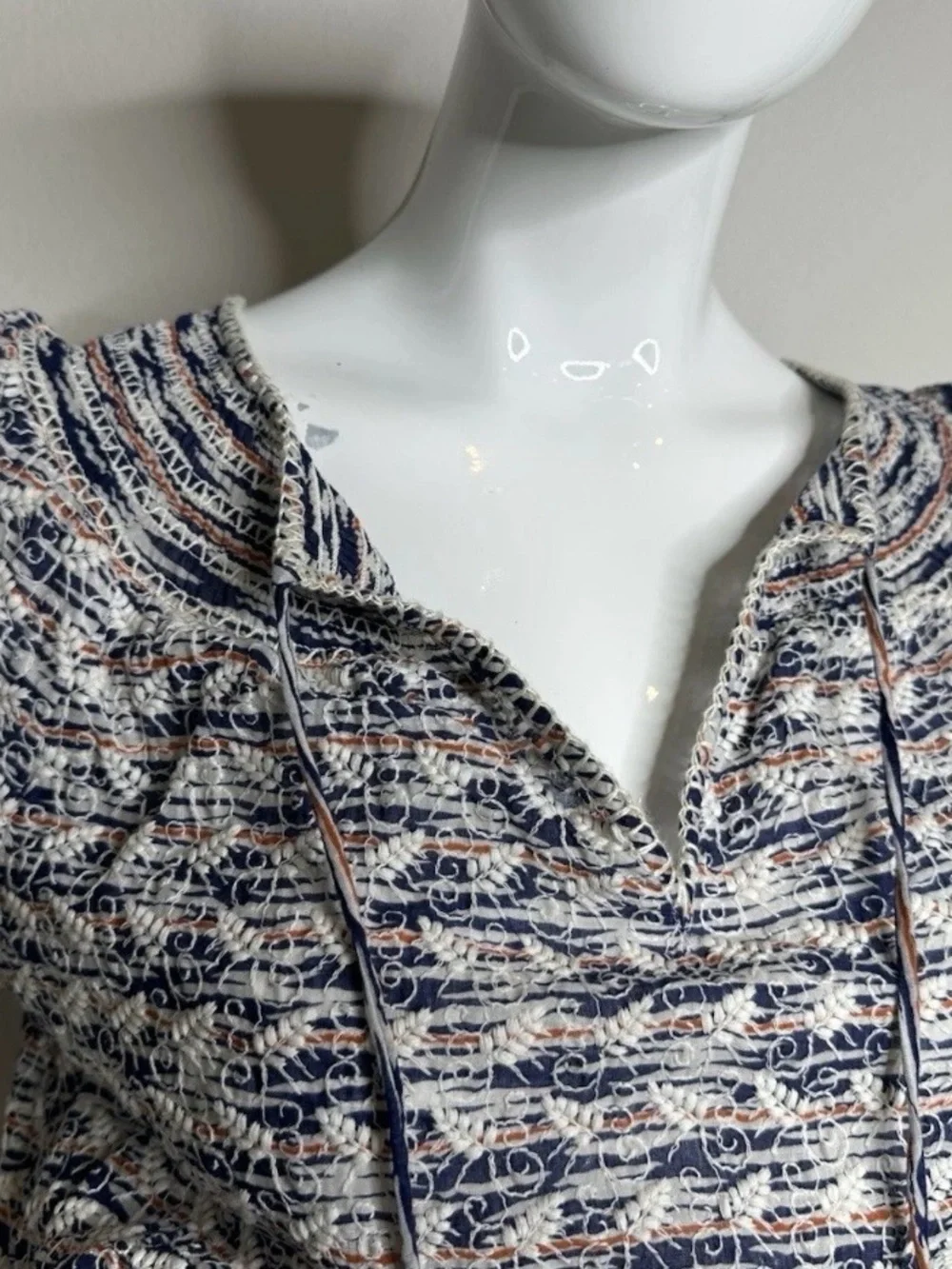 Tory Burch Embroidered Boho Peasant Blouse Tassel Tie Cotton Women M
